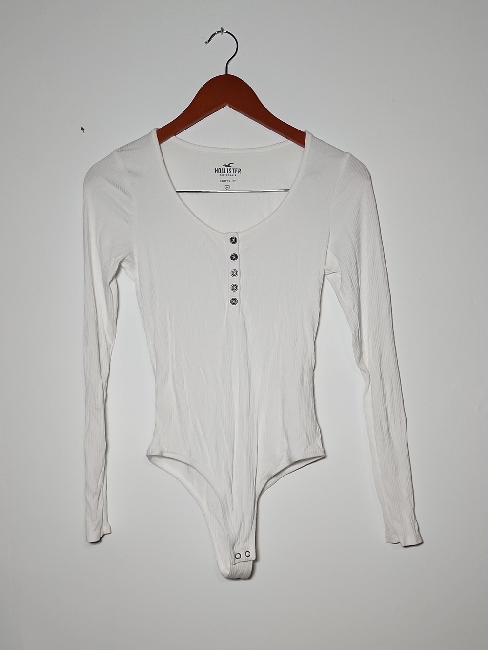 Hollister White Ribbed Long-Sleeve Henley Bodysuit with Snap Closure